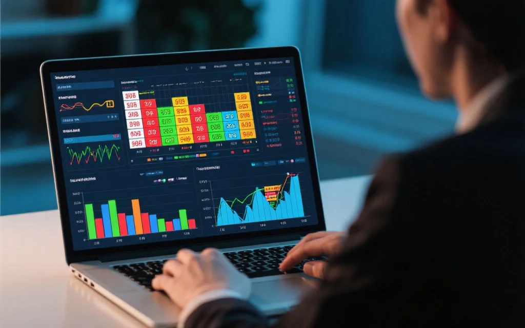 数据分析师在使用笔记本电脑,屏幕上显示着色彩丰富的开奖走势图与数据分析图表