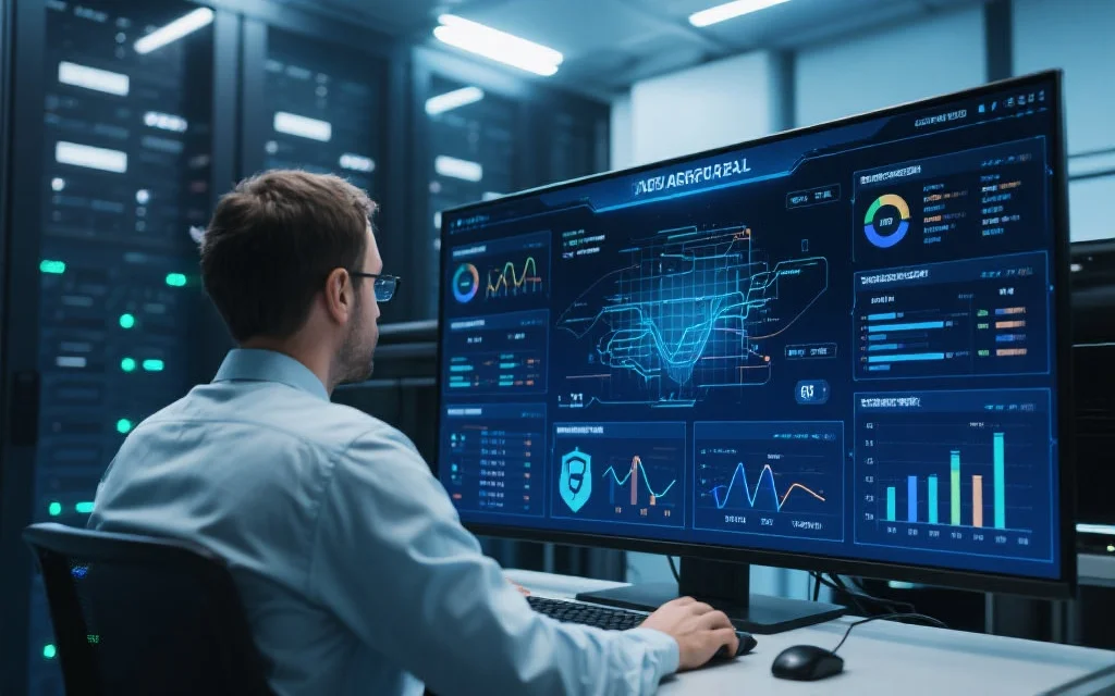 一位工作人员在现代化数据中心监控着算法,屏幕上显示统计和安全数据